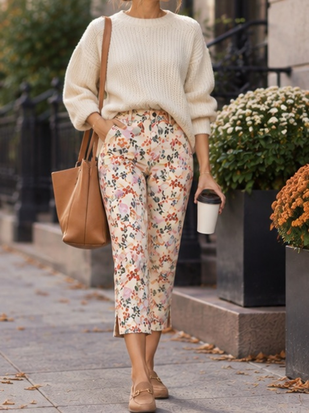 NYDJ Floral Print Cropped Straight Leg Jeans Cream High Rise Side Slit Hem NWT